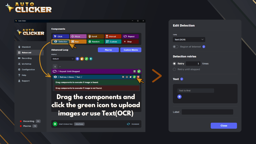 Auto Clicker on Steam OCR Text Detection feature showing how users can add a Detection block and use text recognition.