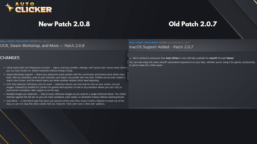 Auto Clicker on Steam comparison showing Patch 2.0.8 new features versus old Patch 2.0.7 macOS support update.