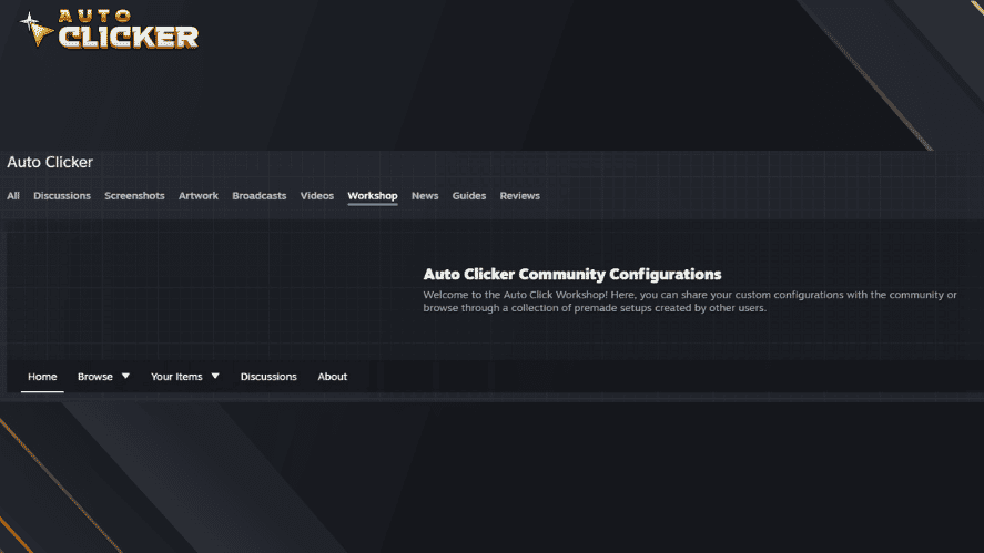 Auto Clicker on Steam Workshop page showing community configurations and shared automation profiles.