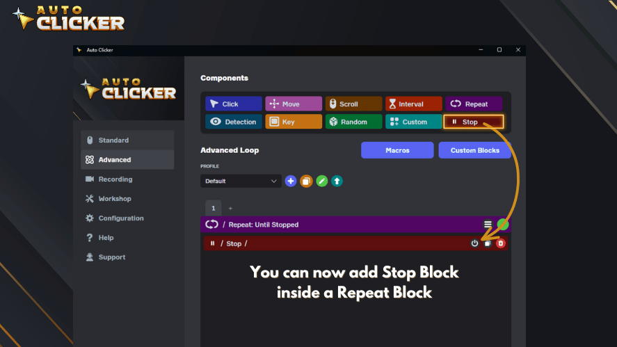 Advanced mode showing the new Stop Block added inside a Repeat Block for better automation control.