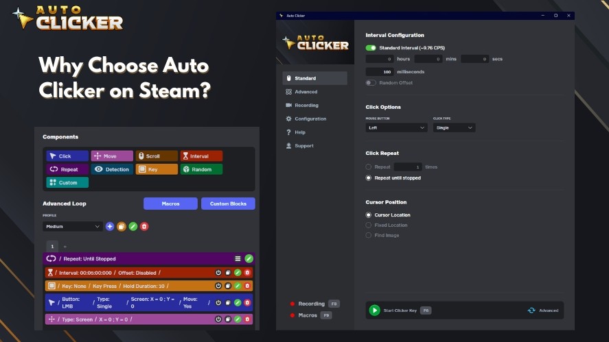 Auto Clicker on Steam with all the features in the Standard and Advanced tabs