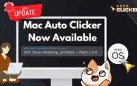 Mac Auto Clicker update image showing Auto Clicker on Steam Patch 2.0.8 with macOS support, OCR, Steam Workshop, and new features.