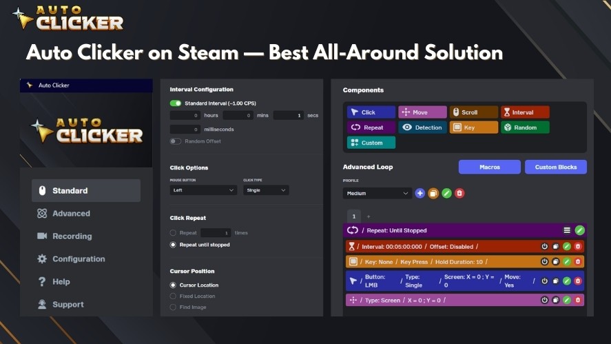 Auto Clicker on Steam main tabs and all the options in the Standard and Advanced tabs