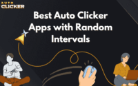 Illustration of best auto clicker apps with random intervals, featuring a hand holding a mouse, a gamer, and a person using a laptop.