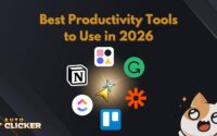 Graphic titled "Best Productivity Tools to Use in 2026" featuring logos of Notion, Grammarly, Trello, ClickUp, Zapier, and other productivity apps, with a cartoon cat and Auto Clicker branding.