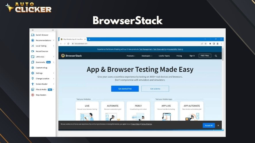 BrowserStack's test with different platform, screen size, and device options