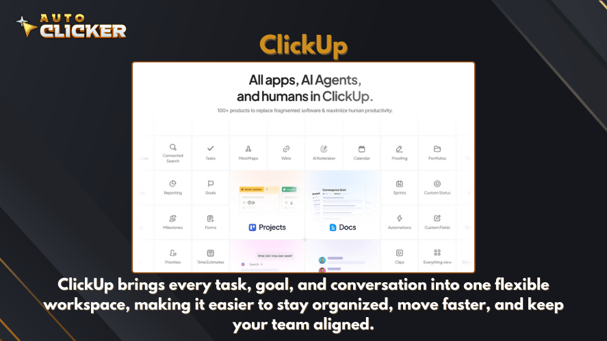 ClickUp workspace showing multiple tools and features including tasks, docs, goals, and integrations for all-in-one team productivity.
