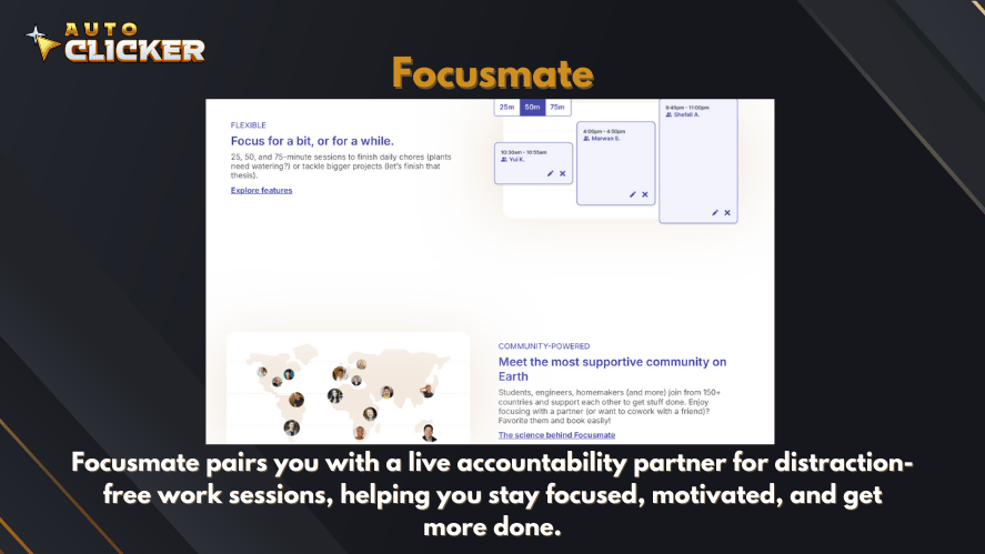 Focusmate platform interface showing scheduled accountability sessions with global community members to support focused work.