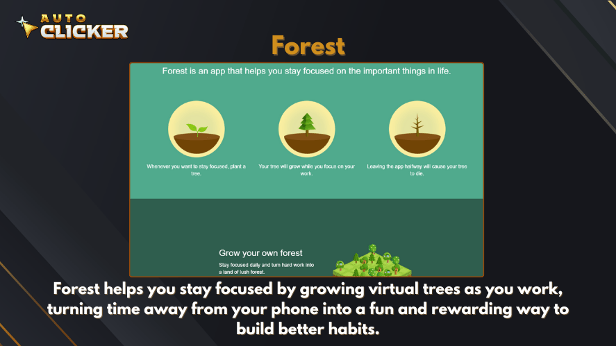 Forest app interface showing tree growth visuals based on focus time, promoting habit-building through phone-free work sessions.