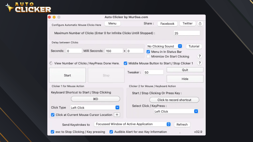 Murgaa Auto Clicker Interface – Screenshot of the Murgaa auto clicker software for Mac, showing configuration and click settings.