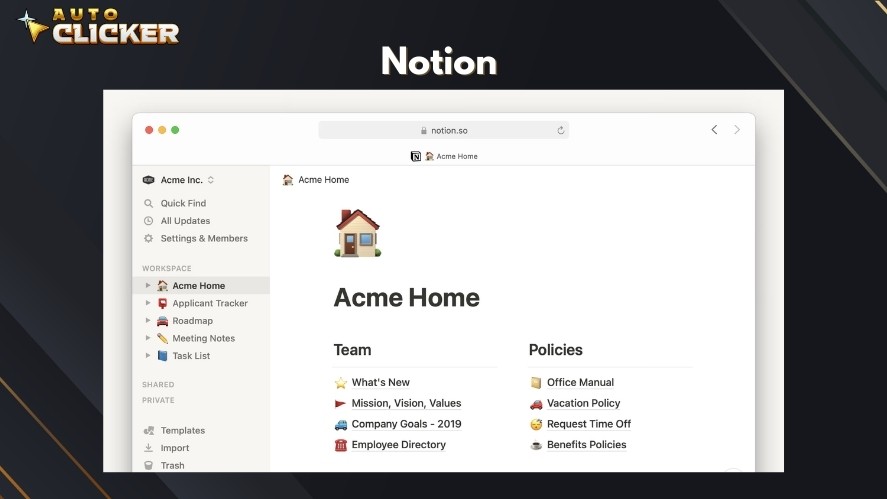 Notion's home page with a list of workspaces