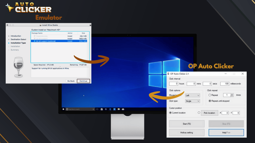 OP Auto Clicker on Mac via Emulator – Image showing the use of Wine emulator to run OP Auto Clicker on macOS, with interface and setup options.