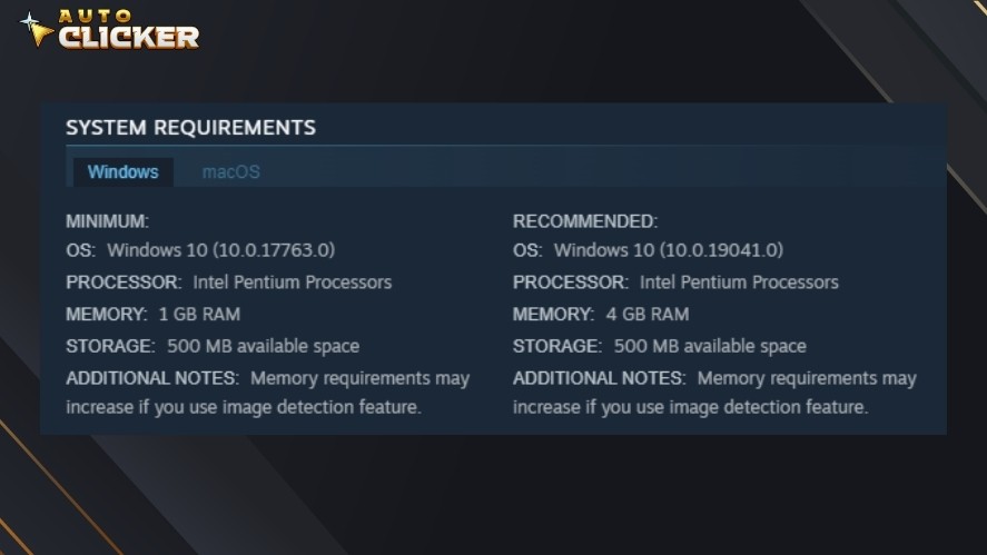 The system requirements for Auto Clicker on Steam