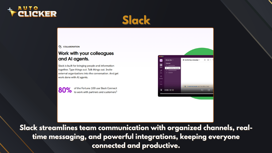 Screenshot of Slack interface with AI integration, highlighting team collaboration features and a stat showing 80% of Fortune 100 use Slack Connect.