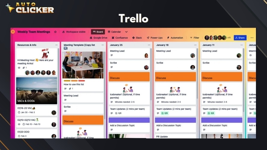 A vibrant Trello board with columns as milestones and in each column are cards as tasks for different members