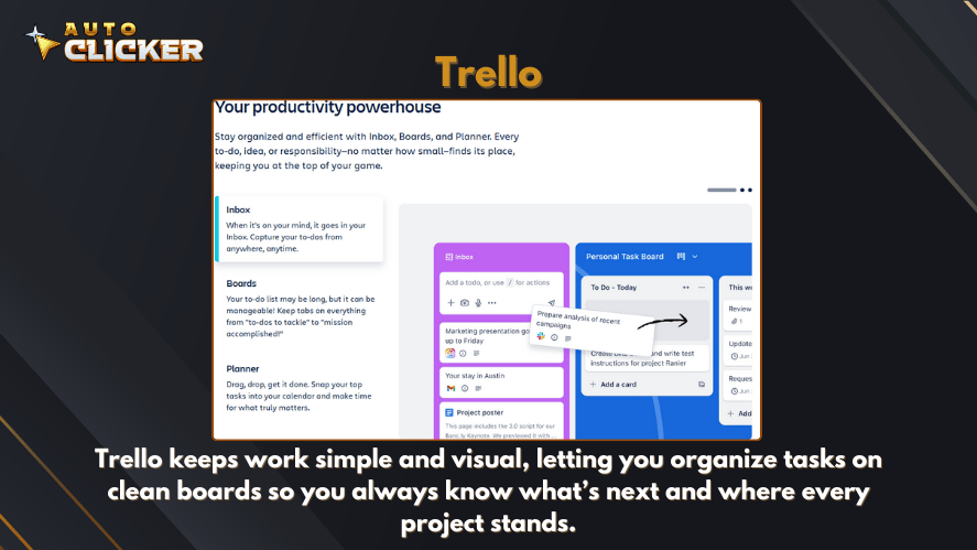 Trello interface with colorful task boards and cards, offering visual project management for tracking work and organizing tasks.