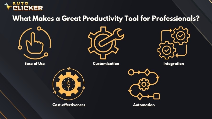 Things that make a great productivity tool are ease of use, customization, integration, cost-effectiveness, and automation