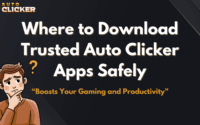 Banner image for a blog titled “Where to Download Trusted Auto Clicker Apps Safely,” featuring bold white text on a dark background, an Auto Clicker logo in the corner, and a cartoon character thinking beside a question mark, with the tagline “Boosts Your Gaming and Productivity.”