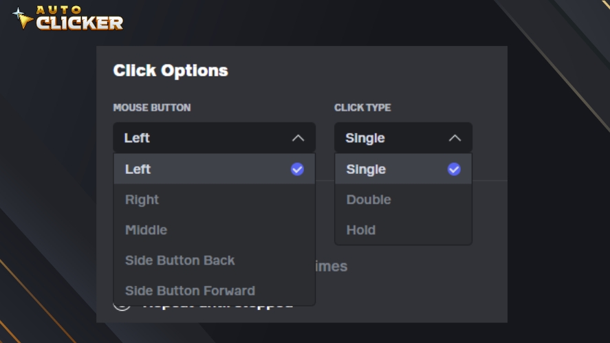All the click options and click types in Auto Clicker on Steam