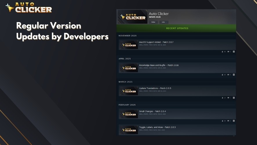 Regular update patch notes on the Auto Clicker on Steam's page