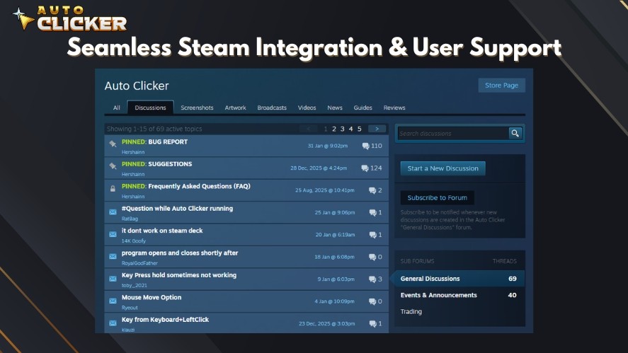 Steam integration and discussion topics for Auto Clicker on Steam