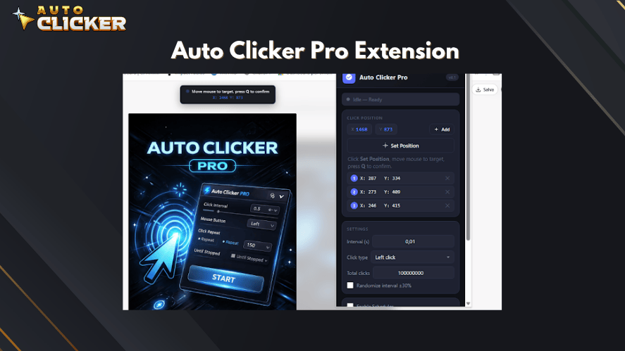 Auto Clicker Pro extension interface showing click interval settings and automated mouse click controls inside Chrome