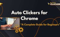 Auto Clickers for Chrome guide banner showing laptop user and automation concept with beginner-friendly tutorial theme