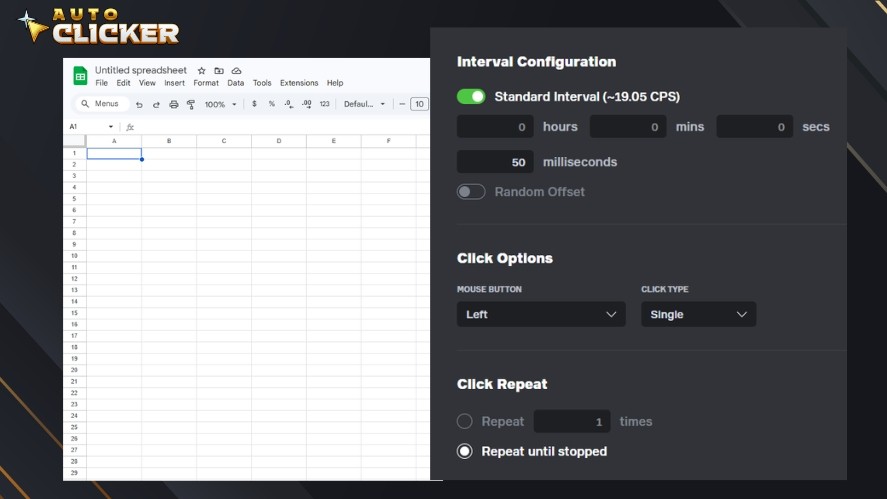 Configuring click interval, click button, click type, and click repeat for Excel