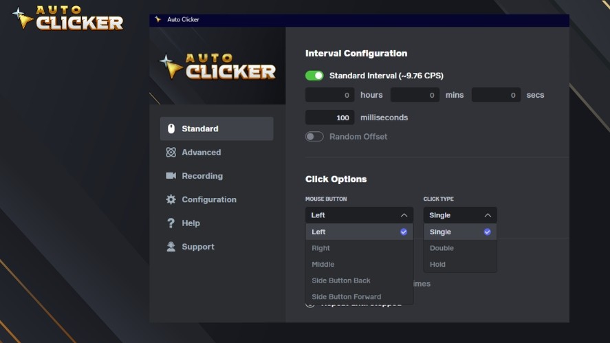 Configuring click interval, mouse button, and click type in Auto Clicker on Steam
