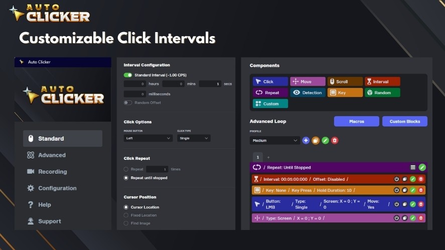 Auto Clicker on Steam with all the tabs, basic configurations, and advanced for more deep customizations