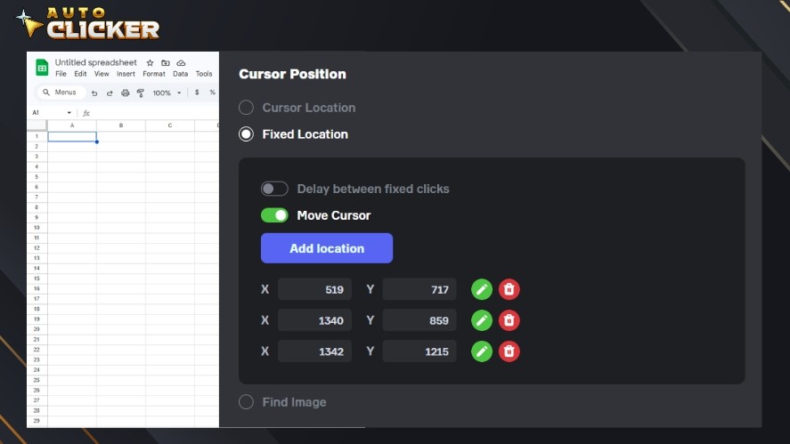 Configuring click position in Auto Clicker on Steam for Excel