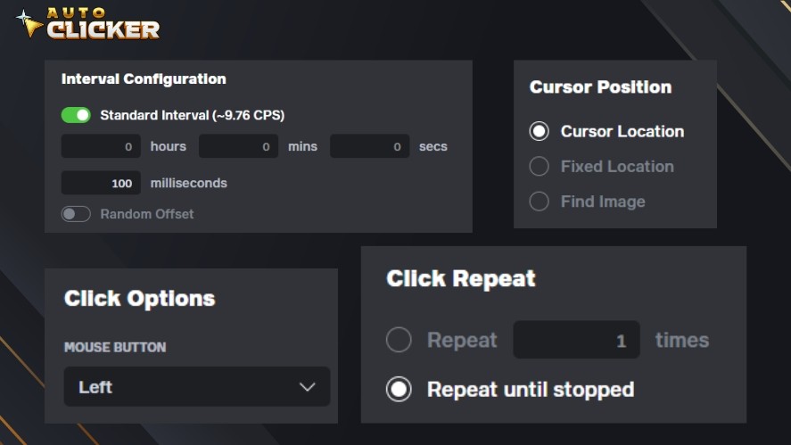 Configuring Auto Clicker on Steam with click interval, click options, cursor position, and click repeat