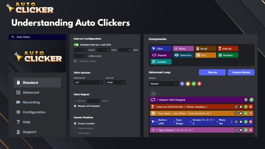 Auto Clicker on Steam with the tabs, standard configurations, and advanced components