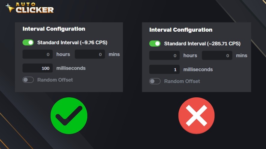 Using a 100 milliseconds click interval vs. 1 millisecond interval