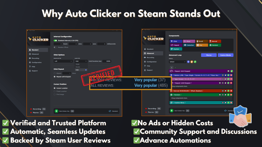 Auto Clicker on Steam interface showing advanced automation features and verified reviews compared with other clicking tools
