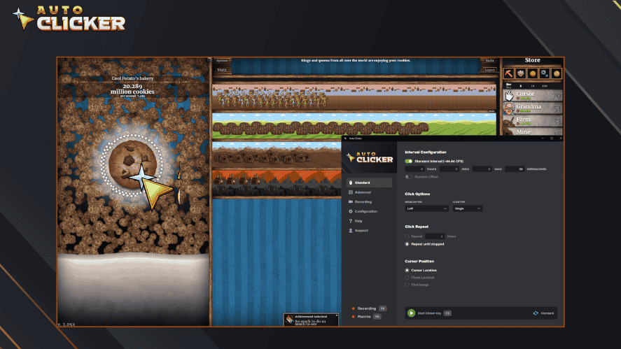 Auto clicker for cookie clicker setup with gameplay and automation settings interface