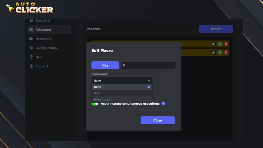An Edit Macro box with the F key set as hotkey, and the Custom Block drop down is open with two options: None and Test