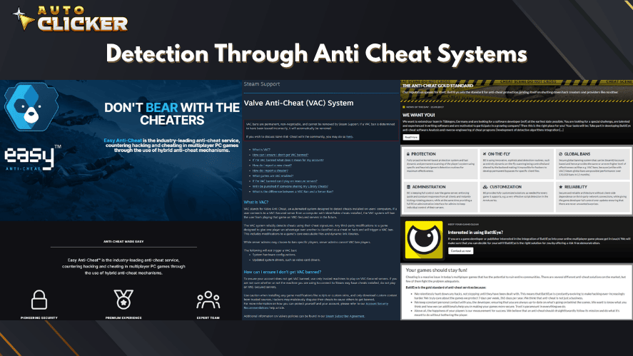 auto clicker detection through anti cheat systems like VAC Easy Anti Cheat and BattleEye
