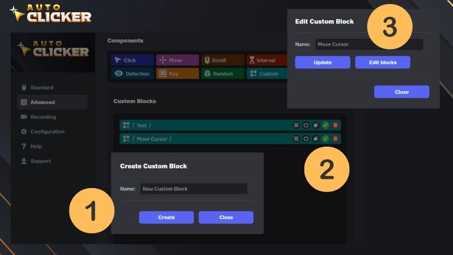A guide with numbers to help users how to create a new Custom Block and edit it