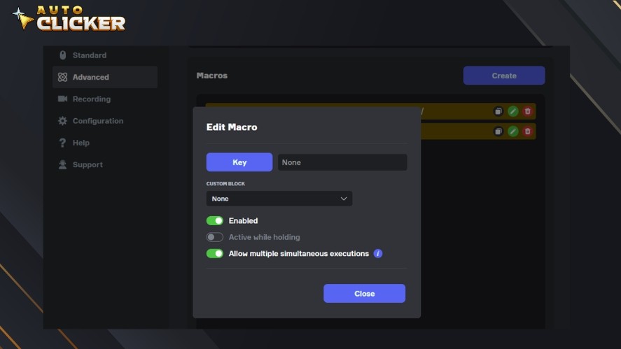 An Edit Macro box with empty configurations
