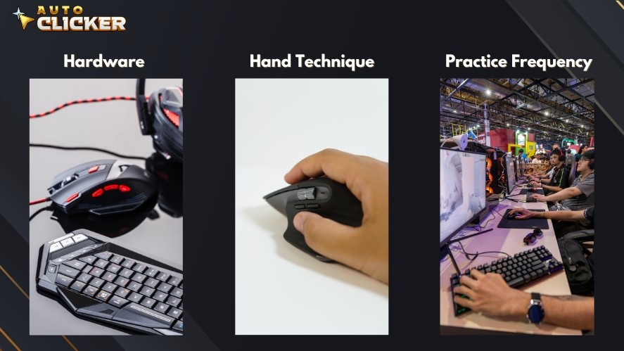 Factors that affect clicking speed include hardware, hand technique, and practice frequency