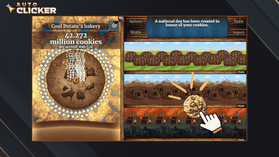 Cookie Clicker gameplay showing high CPS and active clicking with golden cookie boost