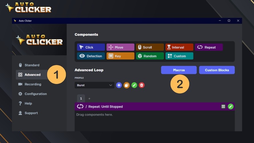 A guide with numbers to help users navigate to the Macros button in the Advanced tab