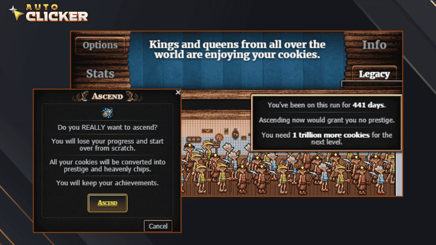 Cookie Clicker ascension screen showing prestige system and heavenly chips progress