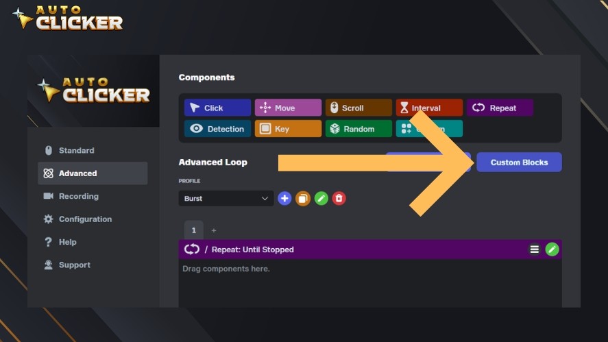 An arrow pointing to the Custom Blocks button in Auto Clicker on Steam
