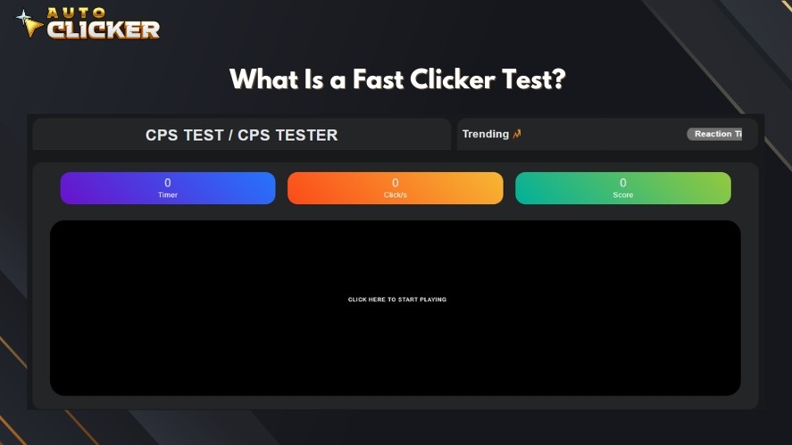 A fast clicker test with timer, clicks per second, and score