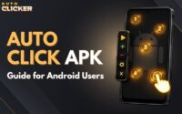Auto Click APK guide for Android users featuring a smartphone with multiple numbered tap points, a floating auto click control panel, and a highlighted finger tap illustrating automated touch controls.