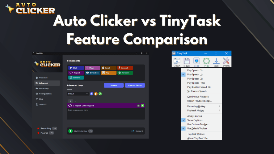 Auto Clicker vs TinyTask feature comparison showing auto clicker software and TinyTask macro recording interface