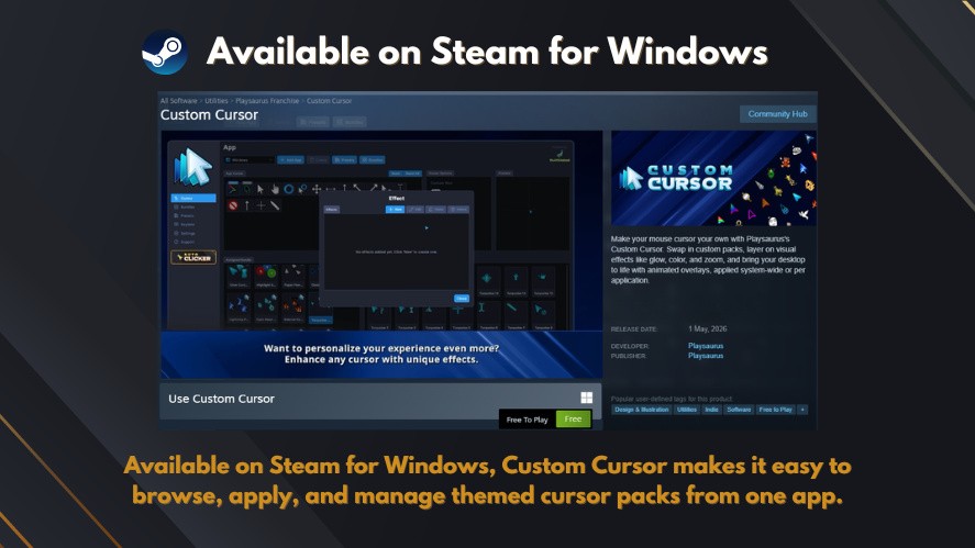 Custom Cursor Steam page for Windows showing the app interface and cursor effects