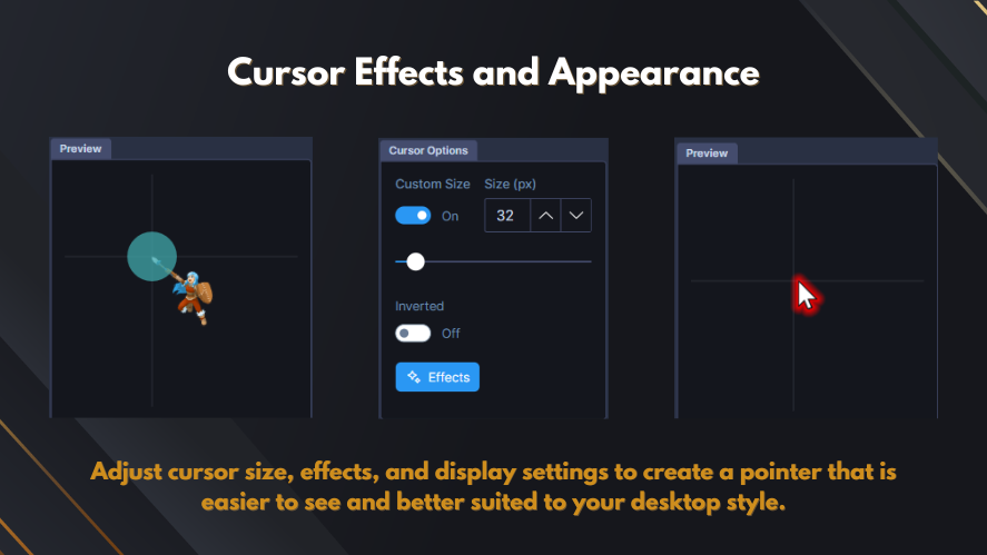 Custom Cursor settings for pointer size, inverted mode, and visual cursor effects